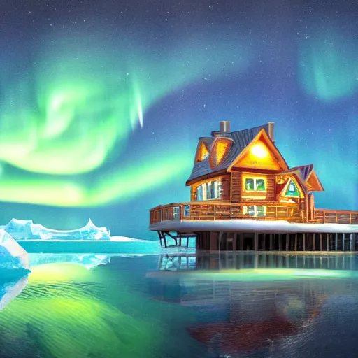 Image similar to treehouse style mansion built in the arctic on an iceberg with view of the northern lights over the ocean detailed luminescent oil painting 4 k