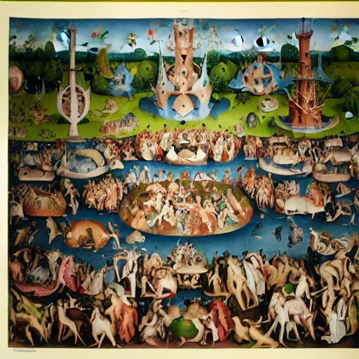 Image similar to a photorealistic version by martin parr of a bosch garden of earthly delights