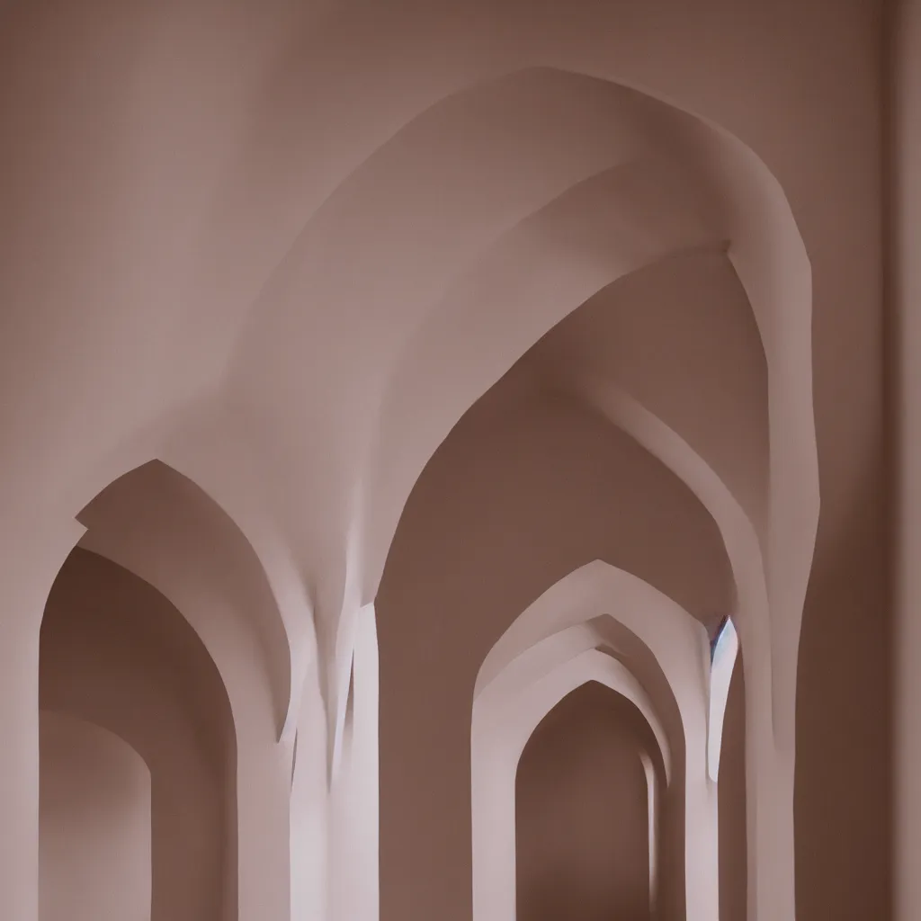 Image similar to photograph of a hallway with multiple arches, pastel hues, minimalist, 50mm, pentax, film