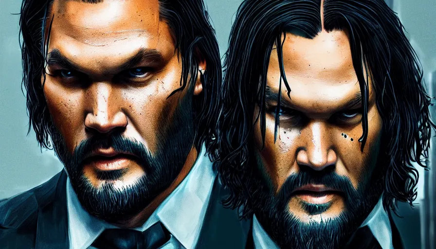 Image similar to Jason Momoa is John Wick, hyperdetailed, artstation, cgsociety, 8k