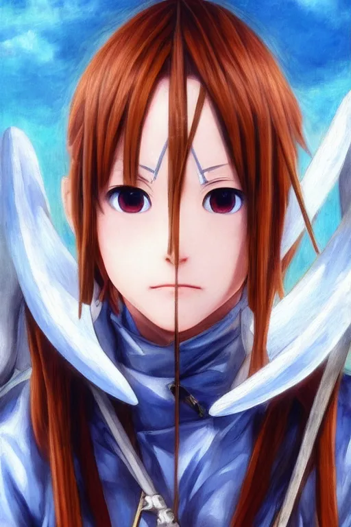 Prompt: beautiful oil painting of Asuna Yuuki from SAO, chestnut hair, metal rapier, symmetrical face, by Titian and Alexander Roslin