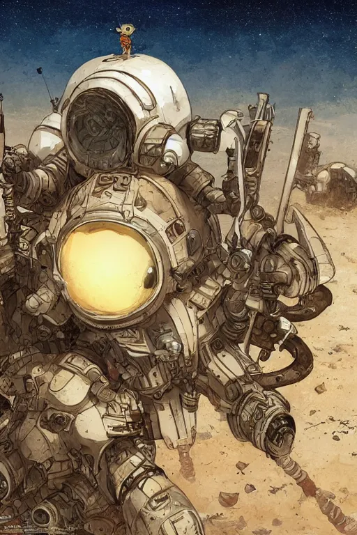 Image similar to anthropomorphic rodent with white and black ancestral ornate japanese tactical gear on an abandonment desert planet, high intricate details, long shot, rule of thirds, golden ratio, graphic novel by fiona staples and dustin nguyen, by beaststars and orange, peter elson, alan bean, studio ghibli, makoto shinkai