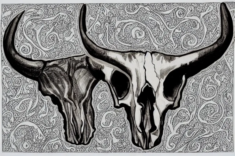 Prompt: Texas Longhorn Skull, skull bone carved with patterns, tritone, mixed media, fine linework, pen and ink, symmetry