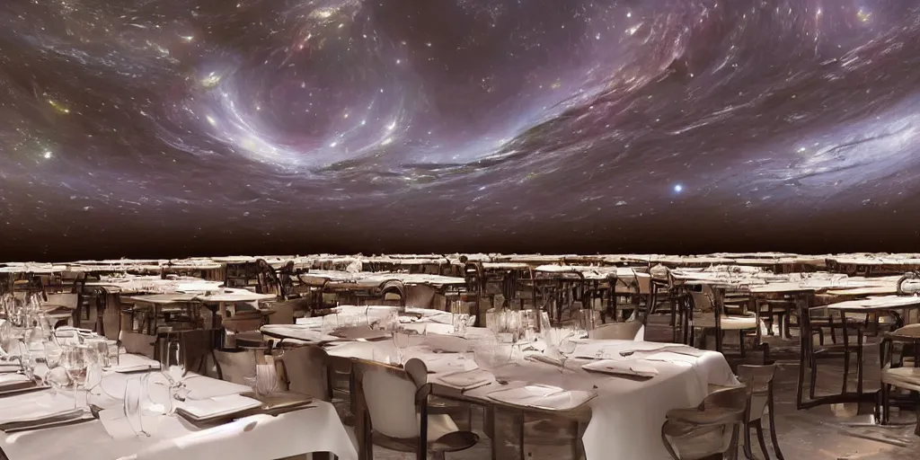 Prompt: a scenic view of the restaurant at the end of the universe, interstellar, Hubble, 1950's style restaurant, cinematic,