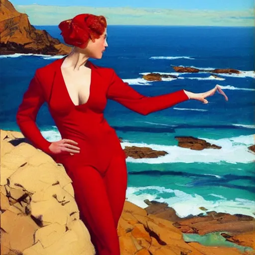 Image similar to an attractive female in a red suit standing on a cliff, looking out at a red ocean, jc leyendecker!! phil hale!, angular, brush strokes, painterly, vintage, crisp