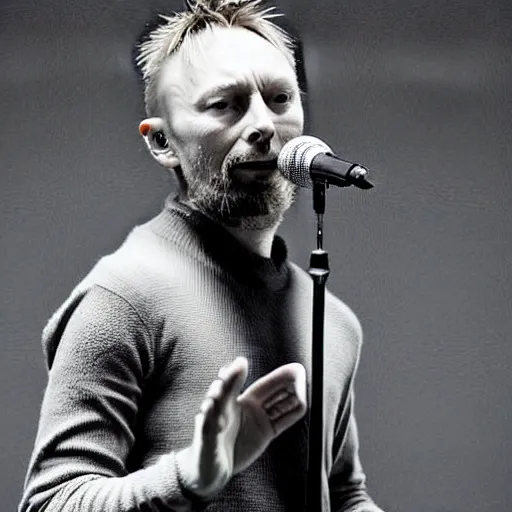 Prompt: Thom Yorke 2022 singing into a microphone, a photo by John E. Berninger, trending on pinterest, private press, associated press photo, angelic photograph, masterpiece