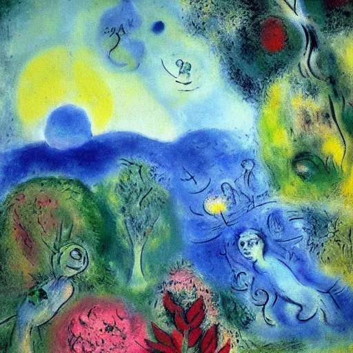 Image similar to painting of a lush natural scene on an alien planet by marc chagall. beautiful landscape. weird vegetation. cliffs and water.