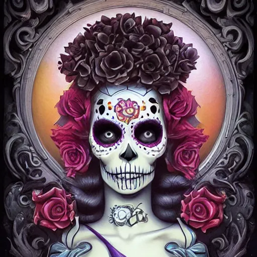 Image similar to Lofi dio de los muertos portrait Pixar style by Joe Fenton and Stanley Artgerm and Tom Bagshaw and Tim Burton