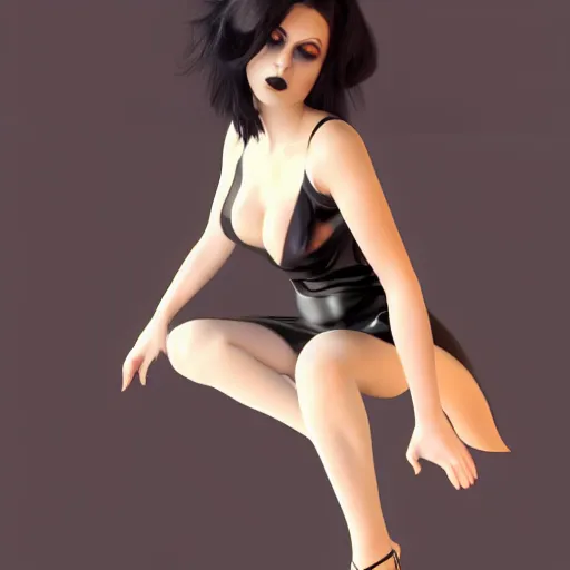 Prompt: feminine hot pale goth woman with tight curvy shiny outfit, photorealistic, sublime, relaxed posture, sitting legs crossed, 16k, smooth, sharp focus, cgsociety, ArtStation, volumetric lighting