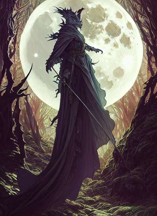 Prompt: full moon, adventurer outfit large cloak, fantasy forest landscape, dragon scales, fantasy magic, dark light night, intricate, elegant, sharp focus, illustration, highly detailed, digital painting, concept art, matte, art by WLOP and Artgerm and Greg Rutkowski and Alphonse Mucha, masterpiece
