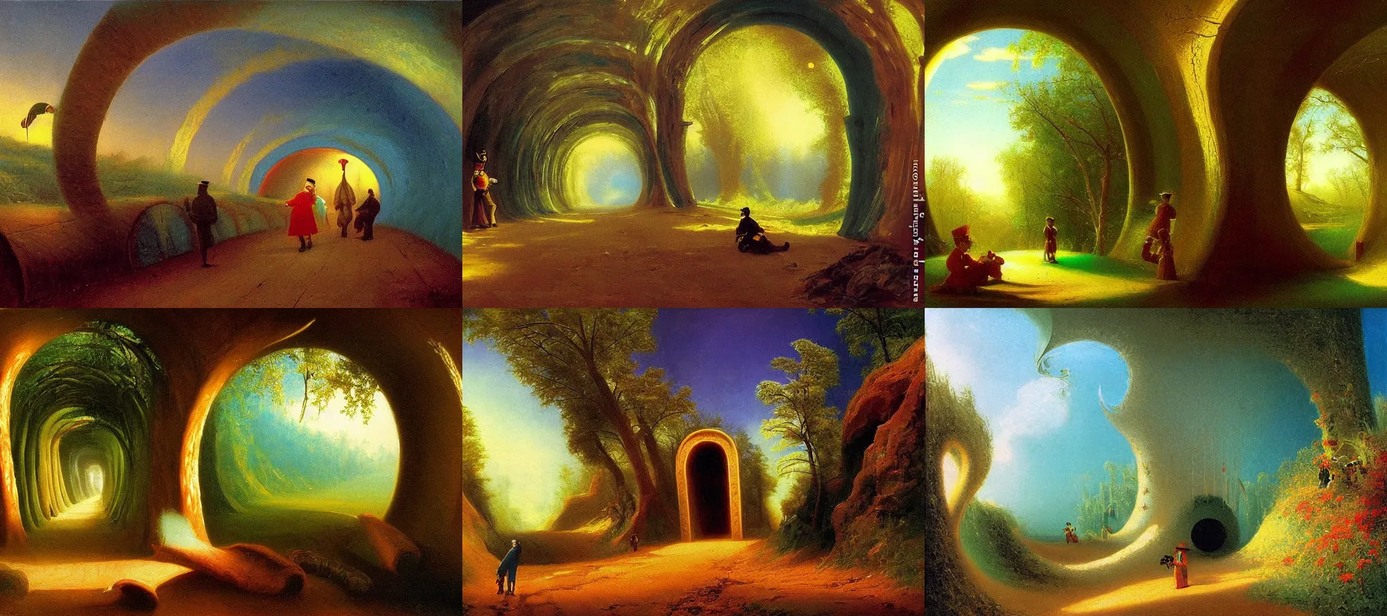 Prompt: tunnel of love ukraine in the style of dr. seuss, starships, painting by albert bierstadt