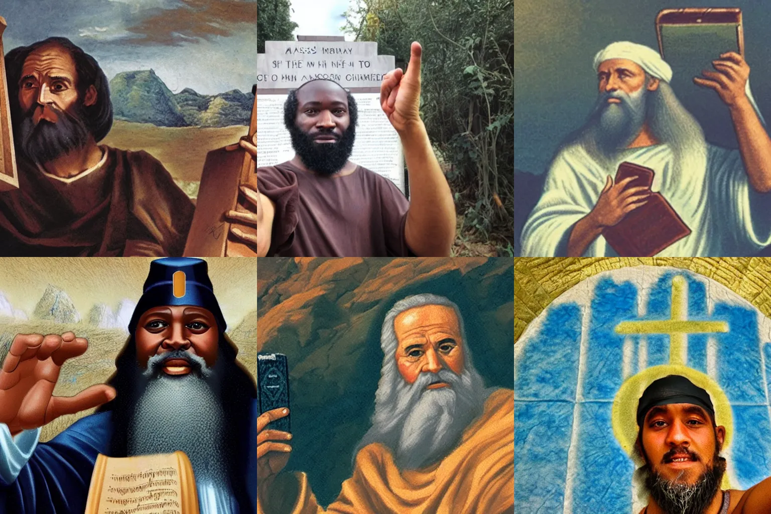 Prompt: Moses takes first selfie holding 10 commandments