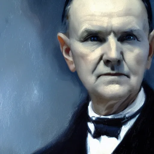 Image similar to calvin coolidge as a dnd fantasy, pointy ears, devilish lighting, eldritch coolidge epic painting. official portrait, dnd character painting by gibbs - coolidge. oil on canvas, wet - on - wet technique, underpainting, grisaille, realistic. restored face.