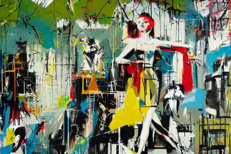 Image similar to Summer, walls by john berkey, covered in graphitti of a high summer goddess by banksy, basquiat, cleon peterson, dramatic cinematic lighting, manicured solarpunk greenery, high fashion futuristic people walk past