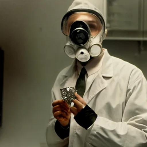 Prompt: a man wearing a lab coat and gasmask, holding a diamond, film still, arriflex