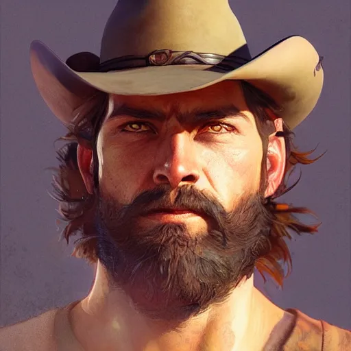 Prompt: rugged bearded cowboy, painted character portrait, highly detailed, digital painting, artstation, concept art, sharp focus, illustration, art by artgerm and greg rutkowski and alphonse mucha