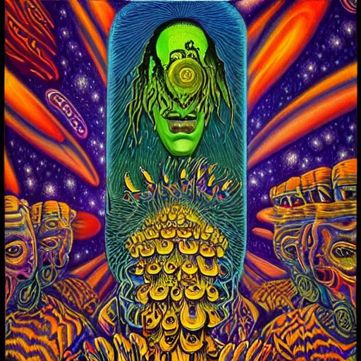 Image similar to Psychedelic DMT experience with inter-dimensional beings and insane trippy visuals in the style of an album cover by Howard Finster, Michael Cheval (highly detailed, 8k, UHD, fantasy, dream, otherworldly, bizzare, spirals, colourful, vivid)