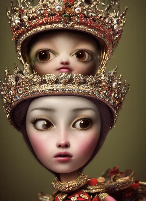 Image similar to closeup portrait of tin toy fairytale princess wearing a crown, depth of field, zeiss lens, detailed, symmetrical, centered, fashion photoshoot, by ray caesar, nicoletta ceccoli, mark ryden, lostfish, breathtaking, 8 k resolution, extremely detailed, beautiful, establishing shot, artistic, hyperrealistic, octane render