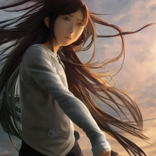 Prompt: a girl is running, sport clothing, anime style, long hair, hair down, symmetrical facial features, from arknights, hyper realistic, highly detailed, rule of thirds, extreme detail, detailed drawing, trending artstation, realistic lighting, black iris, by alphonse mucha, greg rutkowski, sharp focus, backlit, real faces, realistic anatomy