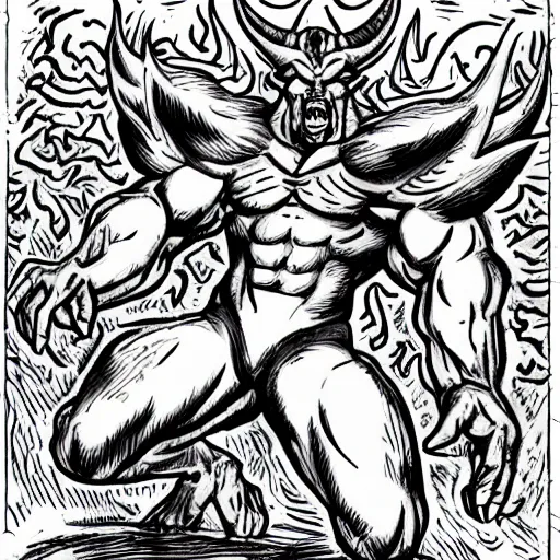 full body drawing of a muscled horned Satan Devil , | Stable Diffusion