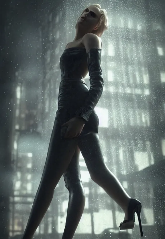 Image similar to playboy model annie leonhart posing with open toe heels in dunwall city, beautiful face, detailed face, cinematic lighting, rainy weather, melancholy atmosphere, volumetric light, octane render, gothic architecture, realistic reflections, octane render 8 k, model agency, instagram photo, depression and despair