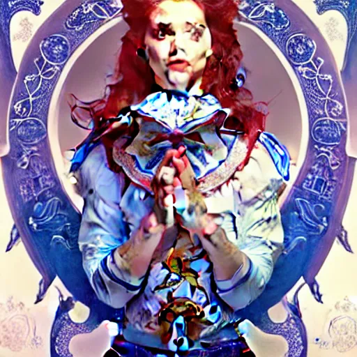 Image similar to movie poster of \'alice in wonderland\', wearing blue and white armor, fantasy, intricate, elegant, highly detailed, digital painting, artstation, concept art, smooth, sharp focus, illustration, art by Fernanda Suarez and Artem Demura and alphonse mucha