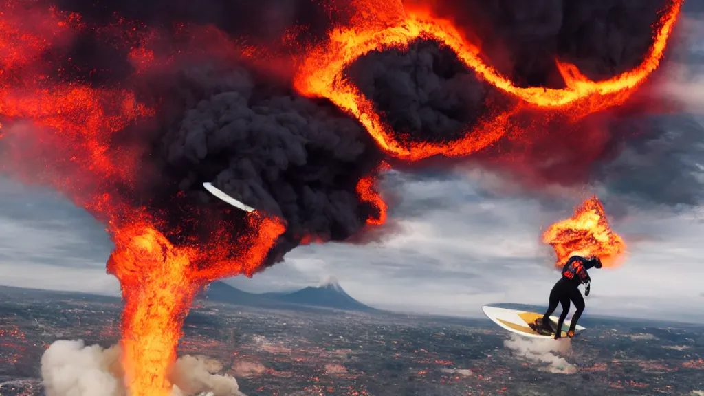 Image similar to person wearing a sponsored team jersey with logos jumping out of a helicopter with a surfboard into a volcano, action shot, dystopian, thick black smoke and fire, sharp focus