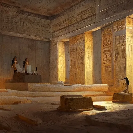 Image similar to an ancient egyptian room entirely made of gold, concept art, architecture design, pyramids, art by greg rutkowski