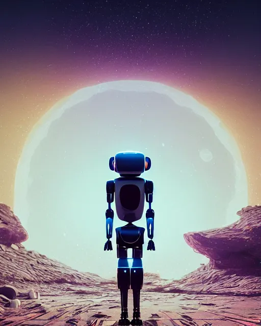 Image similar to a robot standing in front of a glowy open door that's on a barren moon, poster art by mike winkelmann, trending on cg society, space art, sci - fi, ue 5, futuristic, volumetric lighting, light casting onto the ground, neat composition and camera angle