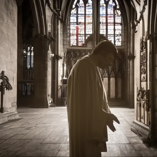 Prompt: angel protecting man who is praying inside a gothic church, cinematic style, 4K highly detailed, light studio style