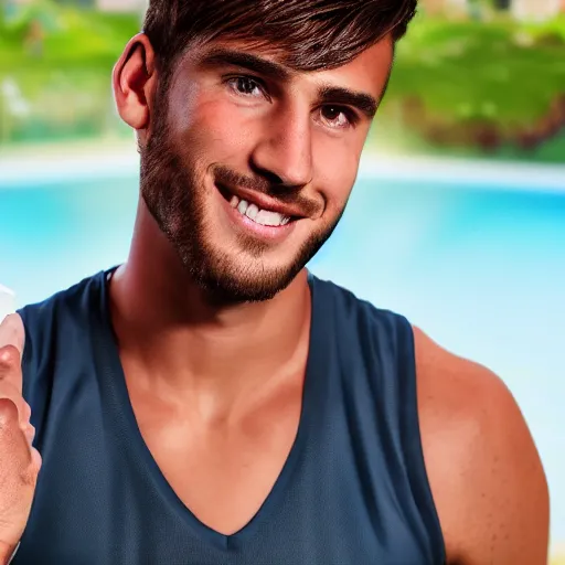 Image similar to a realistic detailed photo of a guy who is handsome soccer player who is taking part in love island