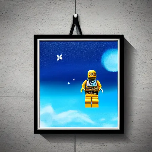 Image similar to lego blocks painting of astronaut in the ocean, skies, realistic, colorful, positive vibes, cinematic, 3 d, hd