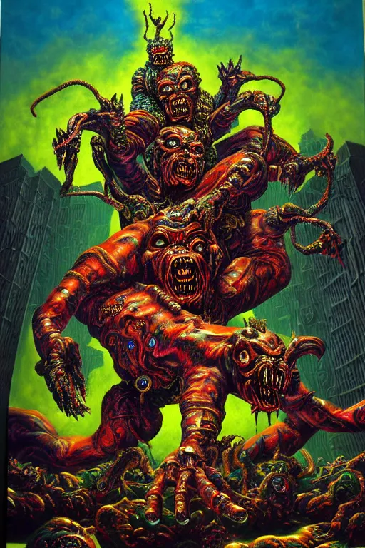 Image similar to a hyperrealistic painting of an epic boss fight against an ornate supreme dark overlord, cinematic horror by chris cunningham, lisa frank, richard corben, highly detailed, vivid color,