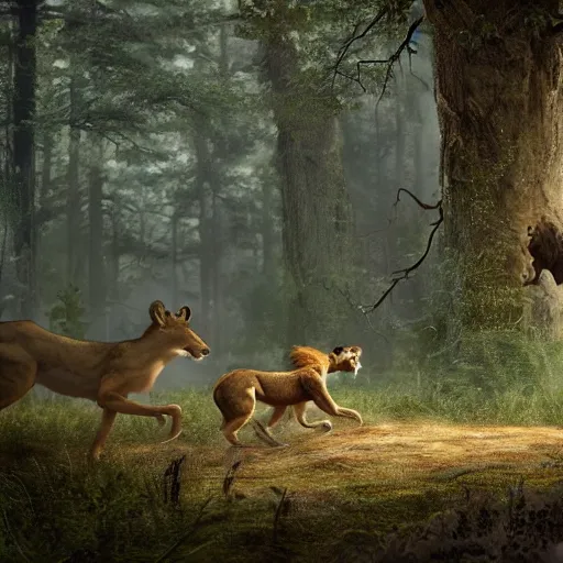 Image similar to lion chasing a deer in the forest, masterpiece, highly detailed, high quality, 4 k, anatomically correct, hyperrealistic, concept art, octane render, unreal engine 5, trending on artstation, trending on deviantart, matte, historical painting, fantasy style, path traced, high coherence, soft lighting, digital painting, mythical