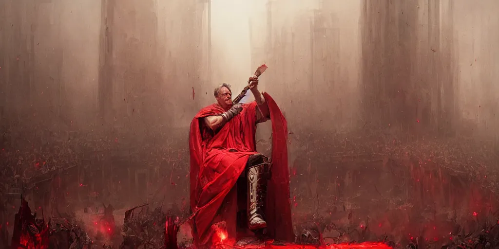 Image similar to the end is near. a tired julius caesar is sitting on his throne. face is highly detailed. splices of red are running down his toga. mist. color scheme red. low angle medium shot. imagined by greg rutkowski and andreas rocha