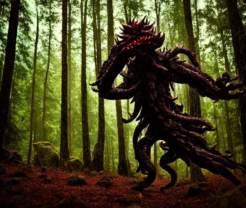 Prompt: wide angle dslr photograph of a very hairy demogorgon, standing in a forest clearing, epic cinematic lighting, digital art