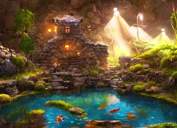 Prompt: magical mine illustration. fantasy, dramatic lighting, 8 k, sharp focus, global illumination, unreal engine, detailed and intricate environment, koi pond