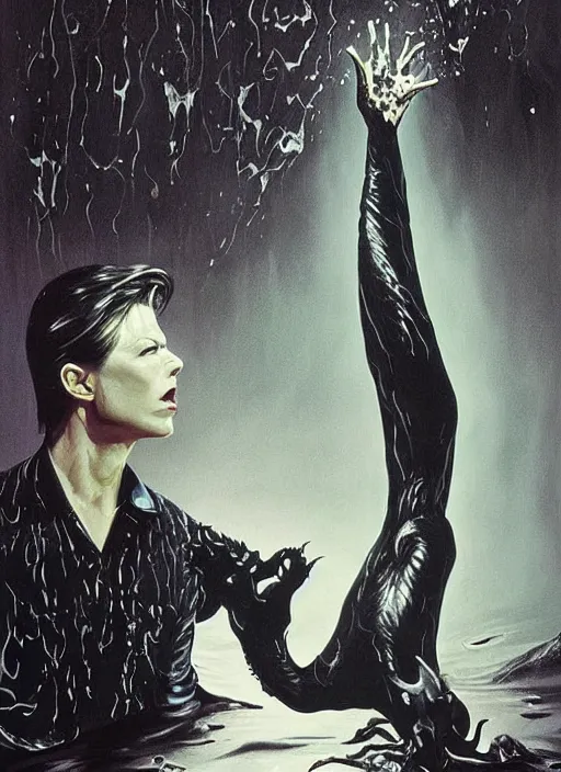 Image similar to twin peaks poster art, david bowie finds the black dragon made of ferrofluid, viscous, sticky, full of black goo, splattered black goo, dripping black goo, splattered goo, by michael whelan, rossetti bouguereau, artgerm, retro, nostalgic, old fashioned