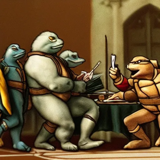 Image similar to Photoreal depiction of Leonardo from TMNT signing a peace treaty with Winston Churchill, in Parliament