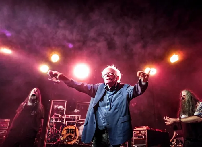 Image similar to publicity photo still of bernie sanders in a death metal band playing live on stage, 8 k, live concert lighting, mid shot