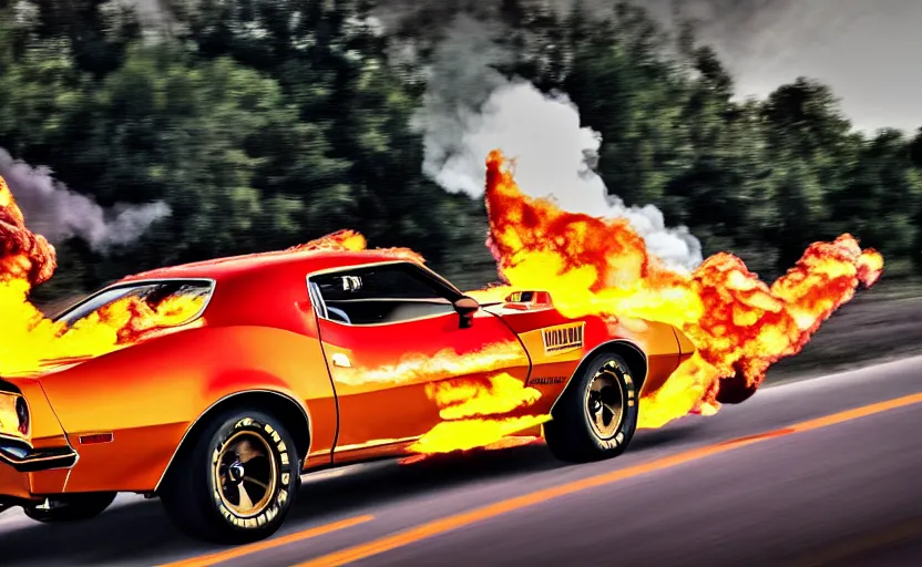 Image similar to a black and gold 1 9 7 3 pontiac firebird trans am sd - 4 5 5 driving high speed, fire explosion in the background, action scen. realistic. high resolution. dramatic