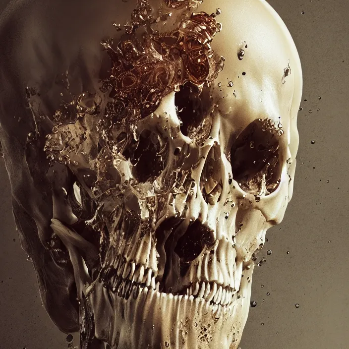 Image similar to a melting dripping human skull. intricate abstract. intricate artwork. by Tooth Wu, wlop, beeple, dan mumford. octane render, trending on artstation, greg rutkowski, coherent, symmetrical artwork. cinematic, hyper realism, high detail, octane render, 8k, depth of field, bokeh. iridescent accents