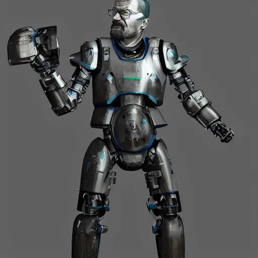 Image similar to Walter White in cybernetic battle armour with shields, 4k octane render, highly detailed, concept art