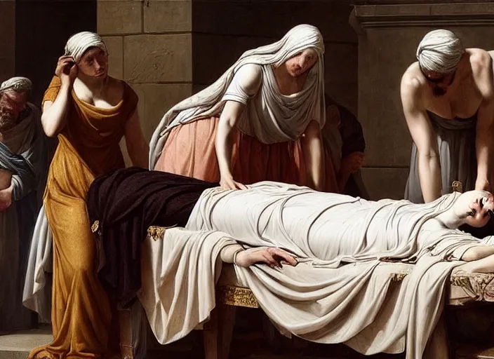 Image similar to this sorrowful picture illustrates the poignant death of lucretia which led to a revolt that overthrew the monarchy and established the republic of rome. hyperrealism, intricate details, trending on artsation