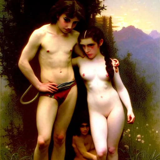 Image similar to twilight version of stranger things, portrait of edward and bella by william - adolphe bouguereau in the style of gaston bussiere, art nouveau