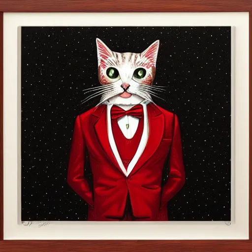 Image similar to portrait illustration of funny cat in the white tuxedo and red tie by jeremiah ketner, quint buchholz, wlop, dan mumford