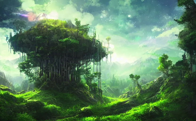 Prompt: green themed magical mechanical forest mountain landscape, meteor shower, epic, style, wide angle, cinematic, indie, highly detailed, featured on artstation, highly detailed, abstract