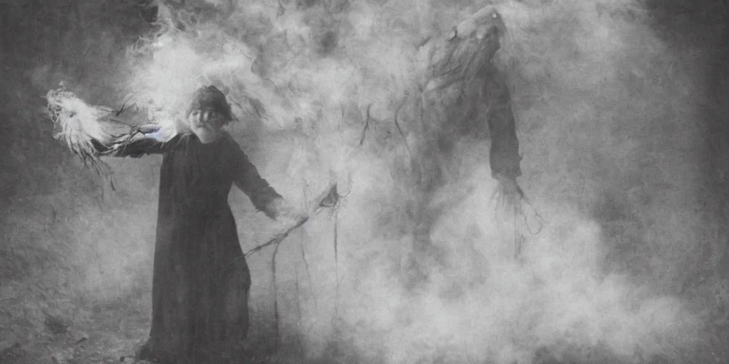 Prompt: 1 9 2 0 s spirit portrait photography of an old female farmer turning into a krampus ghost with hay cloth in the dolomites, smoke from mouth, casting a root spell, inviting hand, witchy, wicca, by william hope, dark, eerie, grainy