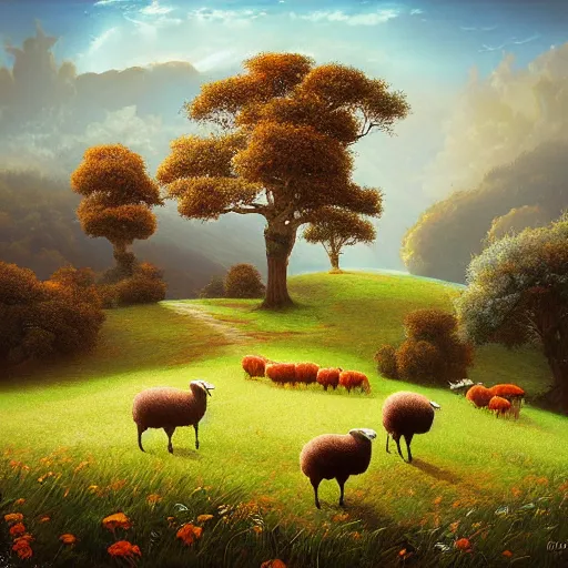 Prompt: sheep in pastoral scene, verdant valley, splendor, by gediminas pranckevicius