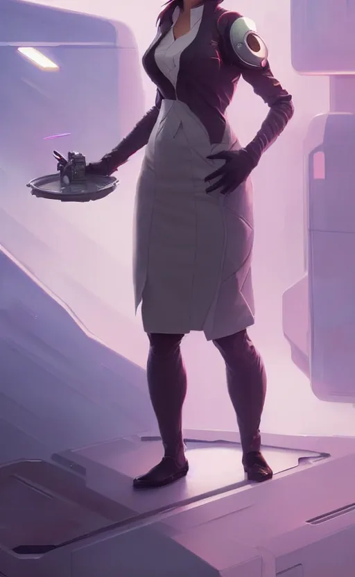 Image similar to Female in office dress, sci-fi, highly detailed, digital painting, artstation, concept art, smooth, sharp focus, illustration, art by artgerm and greg rutkowski and alphonse mucha